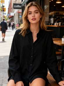 Plus Size Women's Button Down Shirts Long Sleeve Cotton Tops Casual Collared Blouses Loose Fit Solid Color Fall / Spring Clothes - Black - View 2