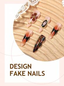 24Pcs Leopard Print Fine Tip Press On Acrylic Nail Art Tips, Punk Style Brown And Nude False Nail Tips 3D Set With Brown Flowers, Ghosts And Gold Beads Decorations, Suitable For Girls And Women's Nail Art Supplies Daily Wear And Holiday Party Decoration Gifts