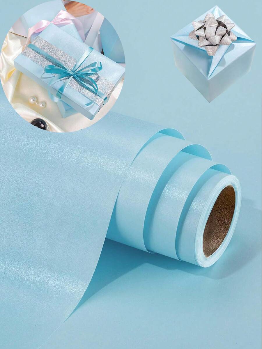 1 Roll Matte Metallic Wrapping Paper, Solid Color Paper, Gift Wrapping Paper, Perfect For Weddings, Valentine's Day, Birthdays, Christmas, DIY Bouquets, Metallic Texture Christmas Gift Wrapping Paper, Accessories DIY Christmas Element Decorative Paper, Solid Color Pattern, Matte Wrapping Paper (Blue Pearlescent) - Blue - View 1
