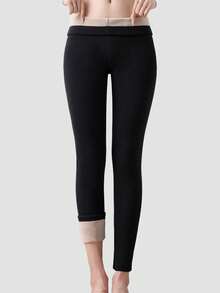 1 pieza Leggings térmicos forrados para mujer, pantalones ajustados de cintura alta elástica para uso diario en invierno - Negro - Ver 7