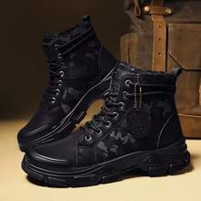 Men's Warm Camouflage Winter Boots, Thick Canvas High-Top Hiking Shoes, Padded Winter Shoes - Black - View 3