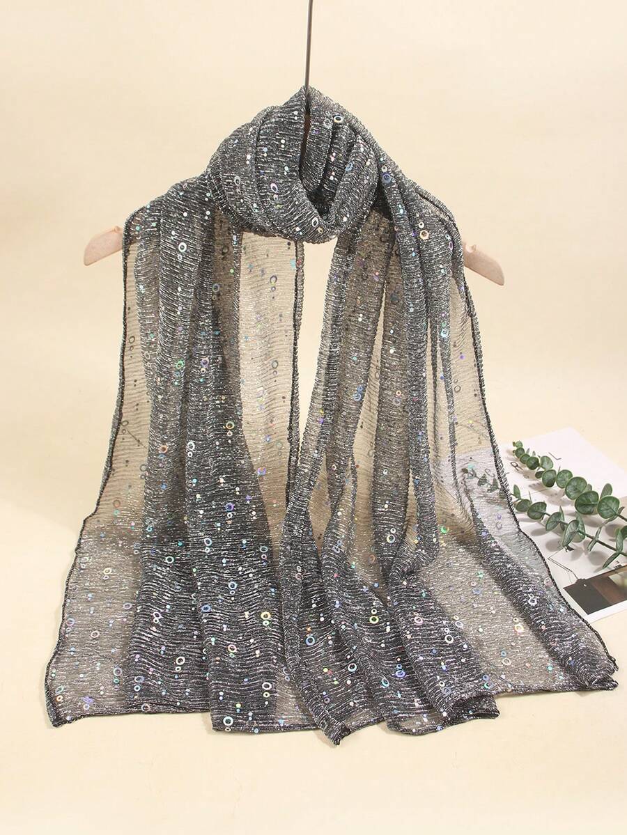 1 Stück leichter einfarbiger Pailletten-Bandana-Schal für Frauen, Kopftuch, Mittelöstlicher Hidschab, dekorativer Schal, Sonnenschutz Strandtuch, geeignet für den täglichen Gebrauch - Dunkelgrau - Übersicht 1