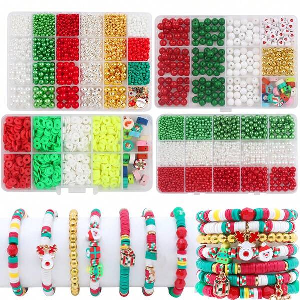 1 علبة أساور خرز عيد الميلاد، مجموعة خرز فخاري ناعم بتصميم نجمة الثلج لديكور حفلة عيد الميلاد، مجموعة متنوعة من الخرز لصنع المجوهرات DIY والأشغال اليدوية هدية ملء جوارب