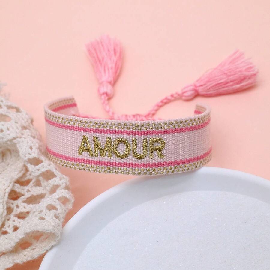 1 buah Gelang Bordir Buatan Tangan Gaya Vintage Kreatif Prancis "AMOUR", Cocok untuk Pasangan, Hadiah Liburan, Tali Berkat - Berwarna merah muda - View 1