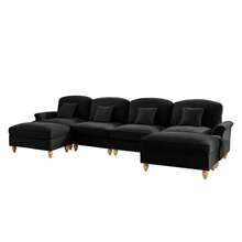 Classic U-Shaped 4 Seater Chenille Modular Sofa With Funnel Arms, Removable Ruffled Apron, Tapered Legs And Removable Footrest - Soft Cloud Sofa For Living Room, Black - Black - View 10