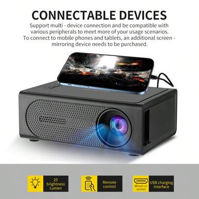 1个M200S便携式迷你投影仪，可轻松连接智能手机，适用于家庭、聚会或办公场所。支持多种接口，如USB/SD/AV/HD，并配备Type-C接口。无内置操作系统；支持有线手机镜像。需要5V 2A充电器和配套数据线。建议按照图片所示步骤进行连接。分辨率为320*240p。