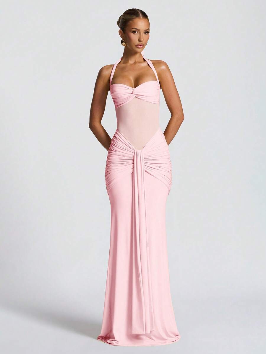 Sexy Spaghetti Strap Backless Waist Cinched High Slit Dress, Mesh Patchwork Vacation Party Dress - Pink - View 1