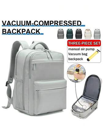 40x30x20cm Cabin Backpack With Vacuum Storage Bags & Hand Pump, Unisex Travel Bag Meets Airline Standards, Multiple Pockets & Laptop Compartment, 180° Opening, Saves 50% Space, Ideal For Short Trips