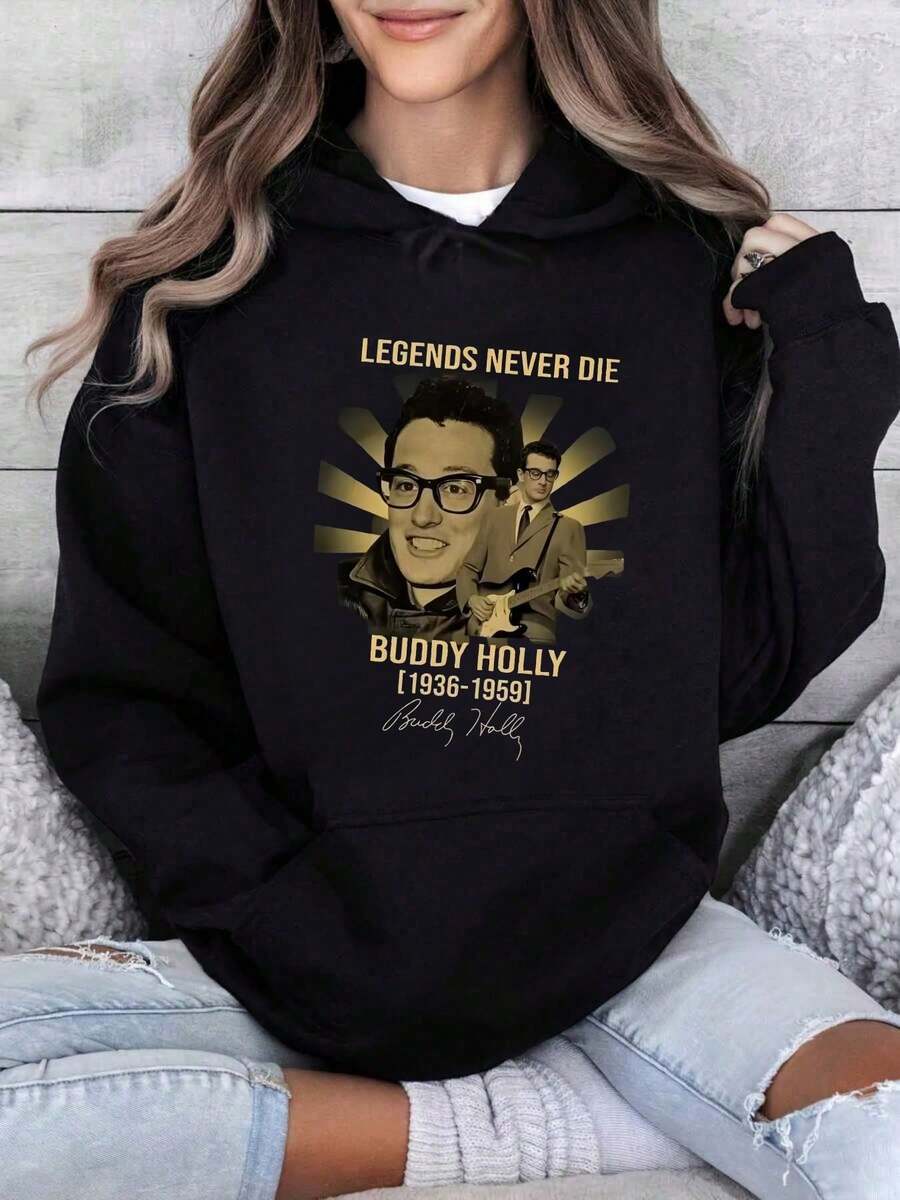 Sweat-shirt à capuche à manches courtes et col rond avec design d'impression "Buddy Holly, les légendes ne meurent jamais". Sweatshirts à motifs pour femmes et hommes - Noir - Voir 1