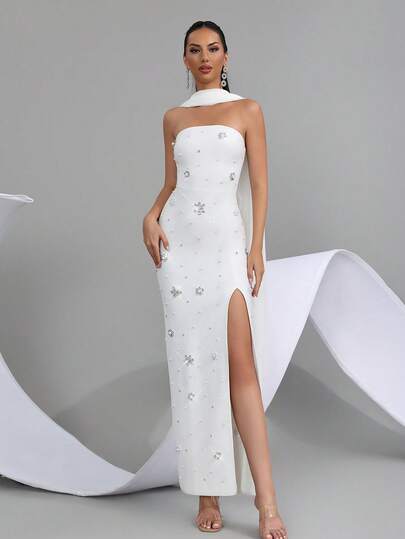 Nuevo vestido de cena formal elegante de dama, con diseño de tubo sin mangas ajustado y sexy, con perlas de estilo industrial pesado, para fiesta de cumpleaños, cena formal, carnaval, Pascua