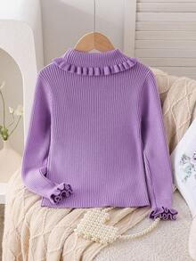 Girls' Turtleneck Long Sleeve Sweater, Casual Pearl Knit Undershirt - Purple - View 2