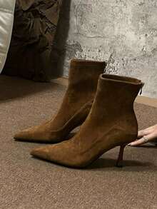 2025 Autumn/Winter New European & American Pointed Toe High Heel Ankle Boots, Slim Fit Patchwork Ankle Boots, Retro Brown Ankle Boots, Kitten Heels - Brown - View 6