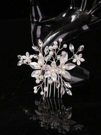 1件优雅银色花叶手工新娘发梳，简约欧美风格婚礼发饰