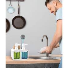 四合一厨房台面皂液器套装，带海绵架和刷架，包含洗手液和洗洁精瓶，现代家居装饰清洁工具 - 彩色 - 查看 6