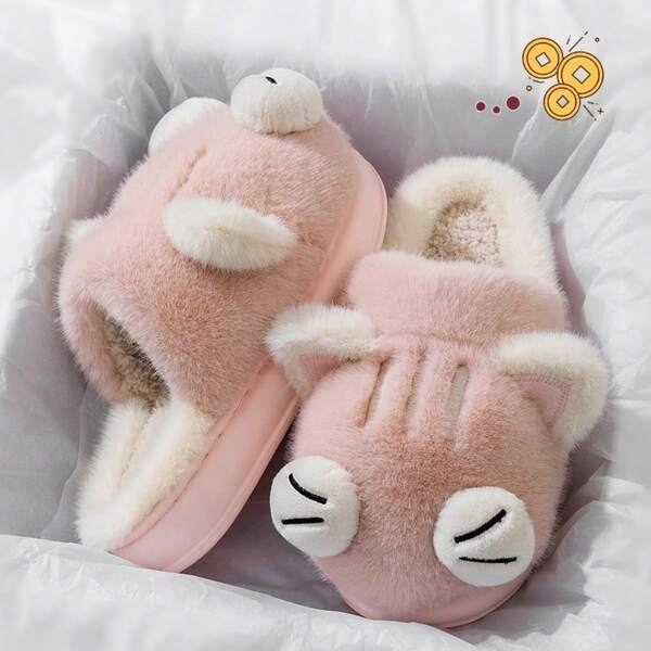 Zapatillas térmicas de gato de la suerte para mujer, zapatos de invierno cálidos y suaves para el hogar