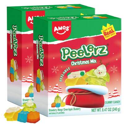 AMOS Amos Peelerz Christmas Candy Mix Gummy Candy, Peelable Christmas Tree Gift Case, Fruit Snacks Gluten Free, Xmas-Themed, 8.47oz Pack