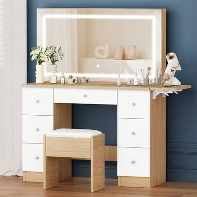 ALFORDSON Dressing Table Set With Mirror And Sockets, Dressing Table With Storage Stool, 7 Drawers And Folding Tabletop, 3 Color Modes, Stepless Dimming, Women's Bedroom, White