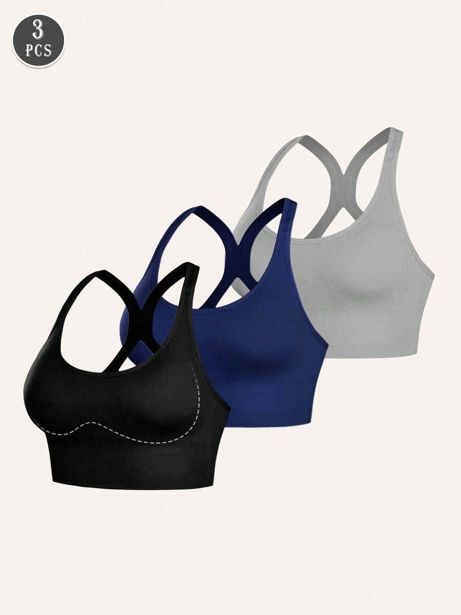 3Pcs Seamless Shock-Absorbing Sports Bra, X-Back Wireless High Support, Lightweight Breathable Running Workout Tank Top - Multicolor - View 1