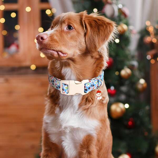 1pc Pet Collar, Snowman Cartoon Cute Cat Dog Collar, Sturdy Adjustable Alloy Buckle, Blue Christmas Color Scheme, With Exquisite Snowman Pendant, Suitable For Holiday Party