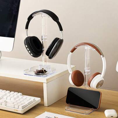 1pc Headphone Stand With Base, Universal Headset Hanger Holder, Fits All Headphone Sizes, Desktop Computer Gaming Headset Transparent Storage Rack, Headphone Organizer, Can Hold Phone And Accessories, Multifunctional Detachable Stand