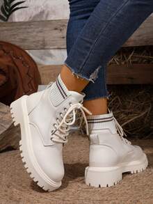 秋冬女士时尚靴子、休闲踝靴和短靴、优雅平底鞋、春秋季 - 米色 - 查看 6