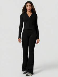 NcmRyu 1 Set Women Seamless Ribbed Zip Up Mock Neck Long Sleeve Flare Pants Activewear Set - Black - View 6