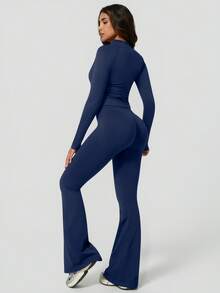 NcmRyu 1 Set Women Seamless Ribbed Zip Up Mock Neck Long Sleeve Flare Pants Activewear Suit - Blue - View 10
