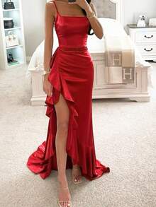 Onicee Women's Autumn Fashion Ruffled Slit Slip Dress - Red - View 13