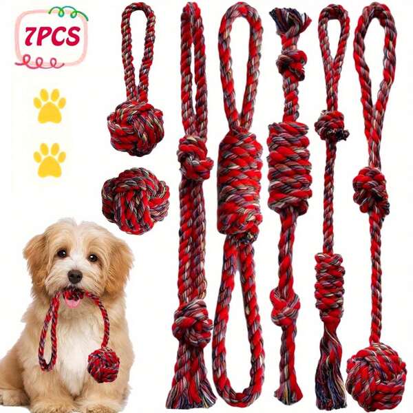 7pcs Red Dog Chew Rope Toys, Durable Training Interactive Dog Rope Toys Suitable For Dogs Of All Sizes, Multifunctional Teeth Cleaning Rope For Indoor/Outdoor Training And Dental Care