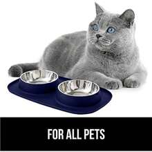 Gorilla Grip Slip Resistant Pet Bowls and Silicone Feeding Mat Set, Catch Water and Mess, Raised Edges for No Spills, Stainless Steel Cat and Dog Bowl, Patent Pending Design, ,(2 Cup Navy) - Tipo 14 - Ver 9