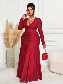 BIUBIU 大码女士纯色针织连衣裙，肩部荷叶边设计，适合秋季穿着，女士秋冬服装，机场旅行装，浪漫连衣裙，婚礼宾客礼服，修身连衣裙，蕾丝连衣裙，晚礼服，正式礼服，生日礼服，情人节装，优雅春季 - 酒紅色 - 查看 3