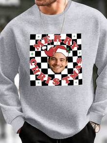 Customized Christmas Portrait Sweatshirt For Plus Size Men, Checkerboard Print Pullover, "MERRY CHRISTMAS" Holiday Gift, Long Sleeve Top