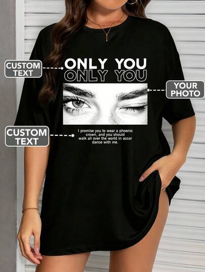 Camiseta holgada de mujer estilo Y2K personalizada, sube tu selfie/foto de amigos/mascotas/pareja, ingresa tu texto/bendición/nombre/mensaje significativo/divertido, cuello redondo negro casual oversize de manga corta, regalo de vacaciones, mercancía de festival de música, regalo especial, regalo creativo, combinación de pareja/mejores amigos, uniforme de trabajo en equipo, personalización corporativa, camiseta de verano personalizada de una pieza