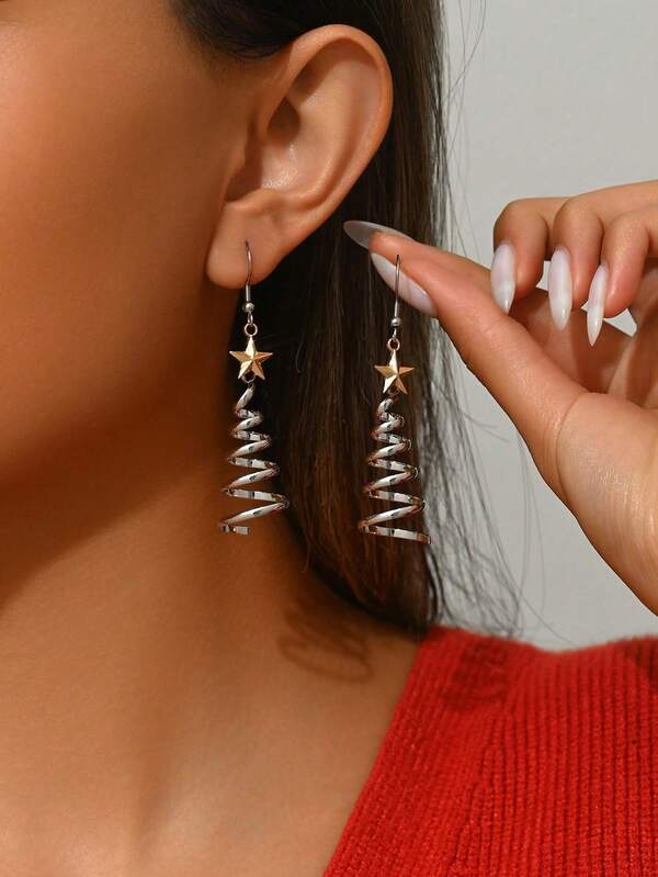 1 Paar Damen Mode Ohrringe, minimalistisch elegante rotierende Weihnachtsbaum Ohrringe, silberne spiralförmige Weihnachtsbaum Stern Linie Ohrringe, Weihnachtsabend Weihnachtsparty Feiertags Geschenk für Freundin