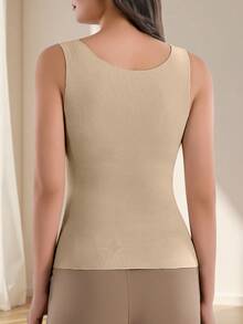 高品质舒适女士罗纹保暖纯色保暖U领无袖保暖背心，冬季女士保暖罗纹服装 - 卡其色 - 查看 6