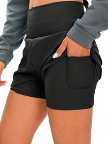 1pc Women Solid Color 2 In 1 Pocket Tight & Lift Sports Shorts, Comfortable & Versatile Nylon Shark Skin Tennis Shorts For Summer - màu đen - Xem 1