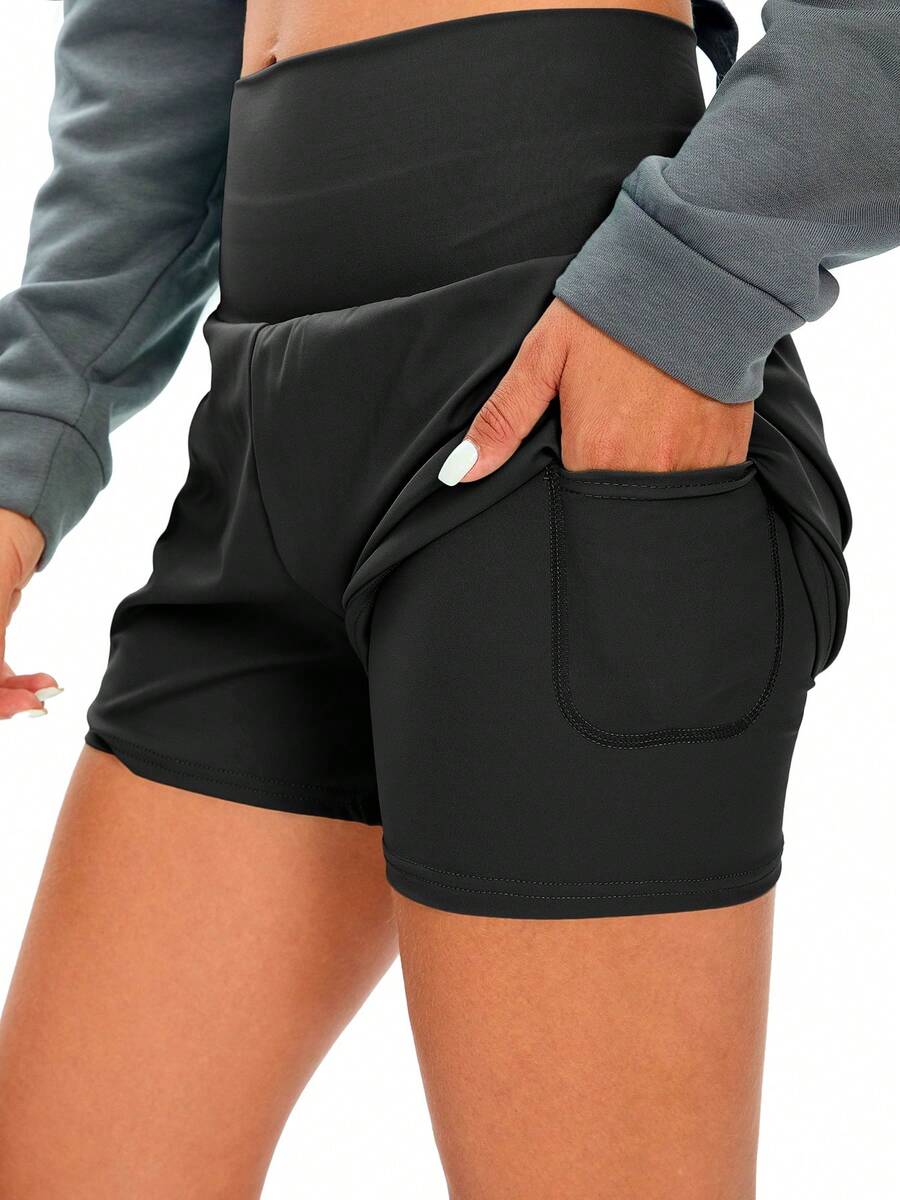 1pc Women Solid Color 2 In 1 Pocket Tight & Lift Sports Shorts, Comfortable & Versatile Nylon Shark Skin Tennis Shorts For Summer - màu đen - Xem 1