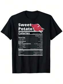 Camiseta de comida de batata dulce con etiqueta de nutrición de Acción de Gracias.% Algodón. Impreso por un lado. Camiseta negra de manga corta. Regalo de festivales de cumpleaños para hombres, mujeres, familiares y amigos. Tallas S-. 1 pieza. Peso de la tela 180g - Negro - Ver 1