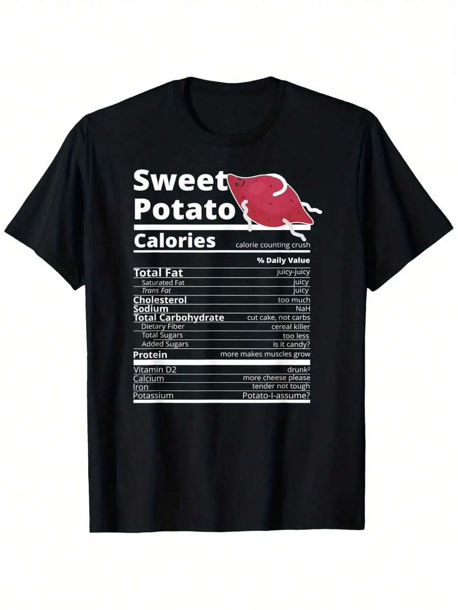 Camiseta de comida de batata dulce con etiqueta de nutrición de Acción de Gracias.% Algodón. Impreso por un lado. Camiseta negra de manga corta. Regalo de festivales de cumpleaños para hombres, mujeres, familiares y amigos. Tallas S-. 1 pieza. Peso de la tela 180g - Negro - Ver 1
