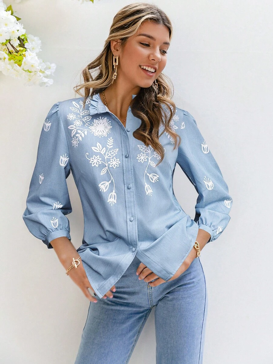 Simplee Blusa casual de mujer con cuello Mao, manga abullonada y volantes, con estampado de posicionamiento, para primavera - Azul - Ver 1