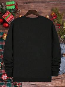 Personalized Custom Christmas Hat Sweatshirt, Funny "I Only Get Up On Christmas Morning" Print Crew Neck Sweatshirt, Christmas Gift For Friends And Family, Plus Size - Black - View 4