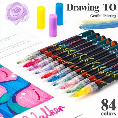 1 Set 60/84 Colors Soft Tip Acrylic Marker Pens, Student Drawing Pens For Painting, Nail Art, Graffiti, Suitable For Canvas, Rock Painting, Wood, DIY Crafts, Ideal Tool To Inspire Imagination And Creativity
