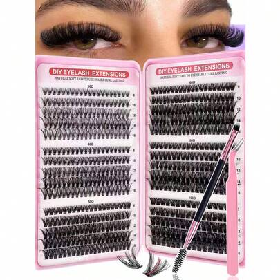 MEM Juego de 570/632/300 pestañas postizas, alta capacidad, pestañas D-Curl 30D+40D+50D+60D+80D+100D de 8-16mm, pestañas postizas DIY naturales y gruesas, delicadas y ligeras, súper suaves, reutilizables, en racimos individuales, kit de extensión de pestañas, adecuado para viajes, uso diario (principiante), boda, cita, fiesta, vacaciones, también excelente como set de pestañas para Navidad/Halloween/regalo