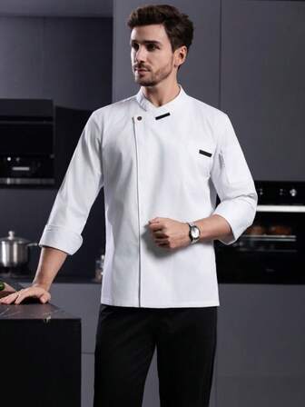 新款男士长袖条纹领撞色斜领厨师服