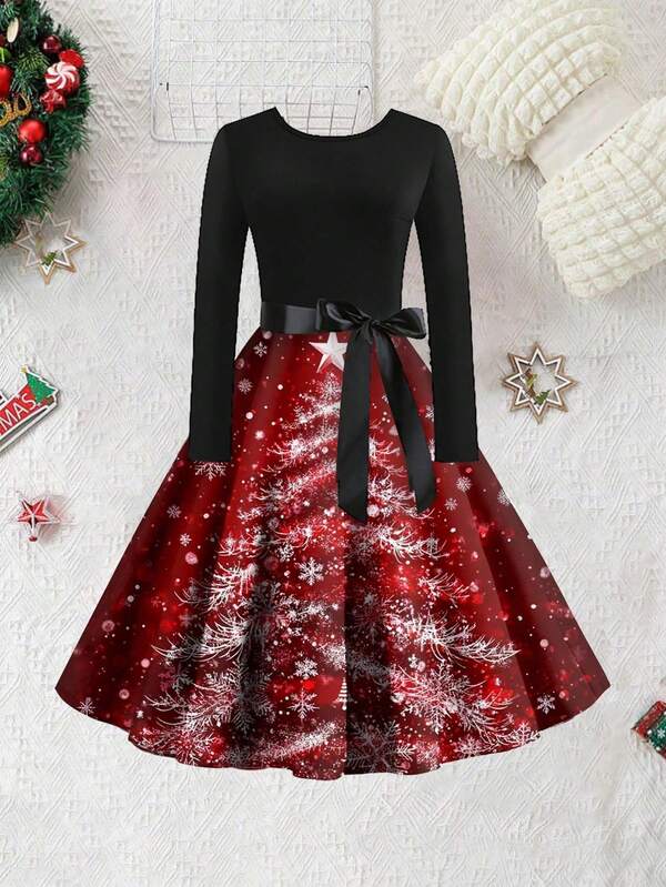 Vintage Weihnachtsbaum Muster Rundhals Taille hoch Patchwork Langarm Glockenkleid mit Schleife