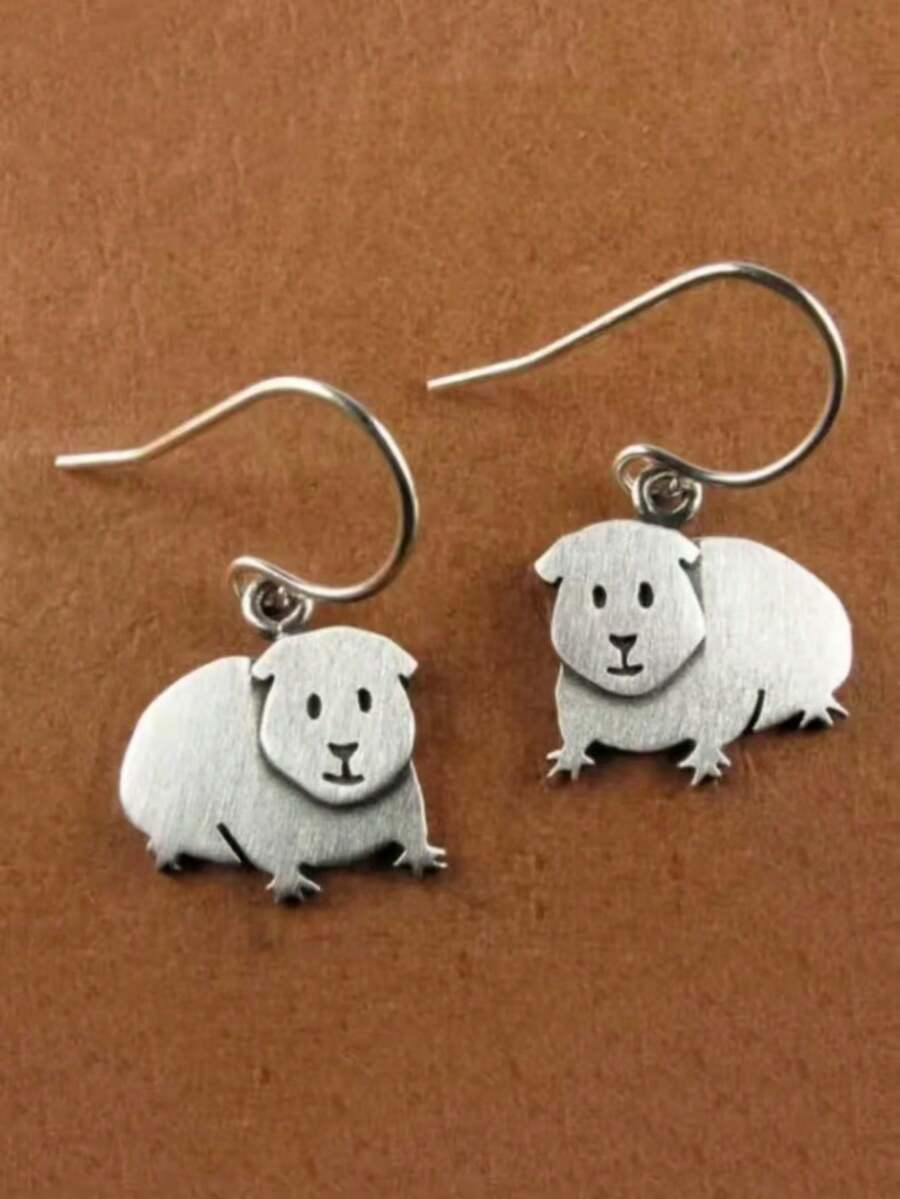 一对复古可爱水豚造型吊坠耳环，适合作为女性休闲首饰礼物 - 銀色 - 查看 1