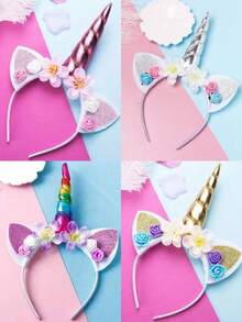 1/4 件独角兽头带，卡通发箍，公主生日派对头饰，适合派对、聚会、女孩生日礼物 - 彩色 - 查看 10