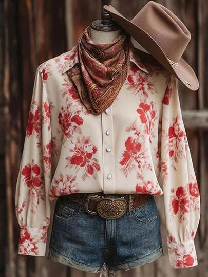 YI XUAN Plus Size Women's Western Retro Boho Style Autumn Long Sleeved Shirt, Elegant, Casual Front Button Fall Winter Shirt, Top