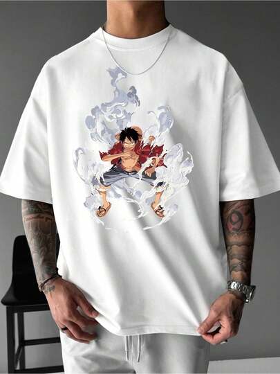 Ilustración de un famoso personaje de manga con puños que se estiran rodeado de un aura de vapor camiseta de hombre, muestra un espíritu aventurero y enérgico, ideal para fanáticos y amantes del anime 100% algodón.