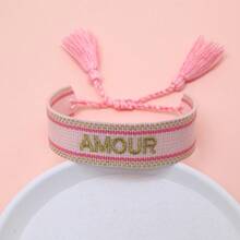 1 buah Gelang Bordir Buatan Tangan Gaya Vintage Kreatif Prancis "AMOUR", Cocok untuk Pasangan, Hadiah Liburan, Tali Berkat - Berwarna merah muda - View 3